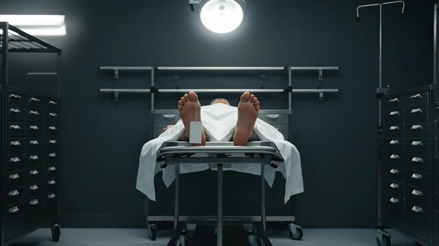 Camera zooming out from a dead body covered with a white sheet and a blank identification tag on the toe, lying on a metal gurney inside a cold, dark morgue with storage compartments