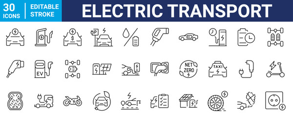 Electric vehicle or transport web icons in line style editable stroke. Electric car, battery, charging station, solar panel, range, plug, collection. Editable stroke. Vector illustration.