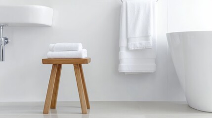 Fototapeta premium Clean White Bathroom Stacked fluffy towels on a wooden stool, opposite a modern tub and sink, evoking spa-like tranquility. Minimalist, serene, luxury, spa, bathroom