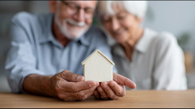 Happy retired couple holding a small wooden house, representing their dream home, investment, or a symbol of family and security in their golden years