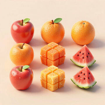 Surreal geometric cubical fruits arranged in a grid.