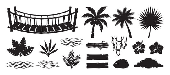 Obraz premium Collection of black tropical jungle elements featuring a rope bridge, palm trees, exotic leaves, and flowers in a rustic, hand-drawn stamp style for creative design