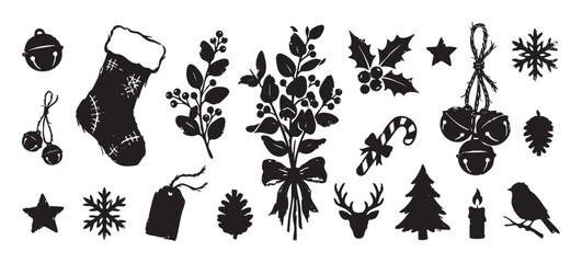 Fototapeta premium Collection of black Christmas holiday icons with a distressed, grunge texture, including a stocking, jingle bells, reindeer, snowflake, and tree for festive winter designs