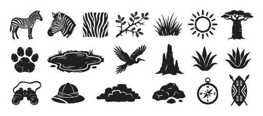 Fototapeta premium Collection of black safari and wildlife icons featuring a zebra, baobab tree, paw print, compass, and pith helmet in a bold, graphic silhouette vector illustration style