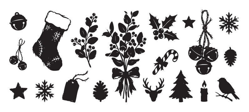 Collection of black Christmas holiday icons with a distressed, grunge texture, including a stocking, jingle bells, reindeer, snowflake, and tree for festive winter designs