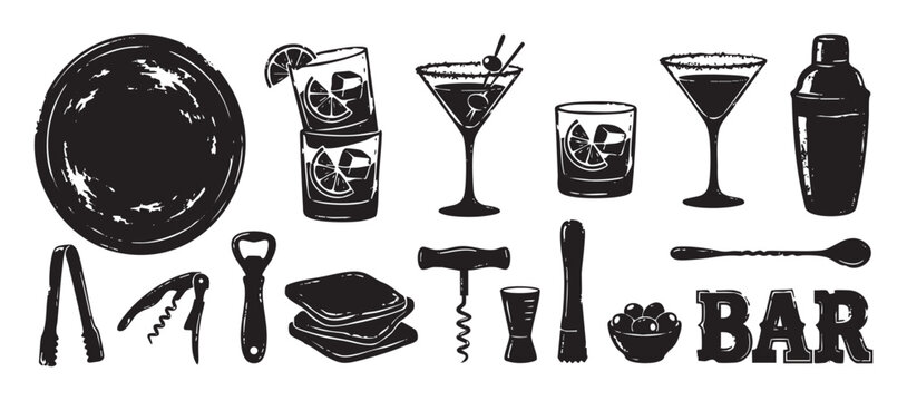 Large set of black barware icons and cocktail elements in a vintage grunge illustration style, showing a shaker, glasses, opener, corkscrew, and other bartending tools