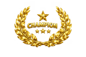 Golden champion award emblem with laurel wreath, star, and text on transparent background, symbolizing victory
