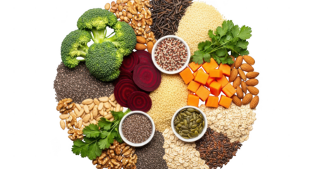 Healthy food arrangement in heart shape on white background