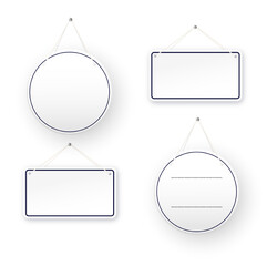 White round shop door signs hanging isolated on transparent background. Empty or blank sign for store, restaurant or cafe. Vector