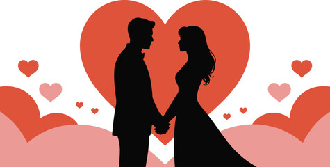 Couple in love holding hands in front of a large heart illustration for valentines day .silhouette vector design
