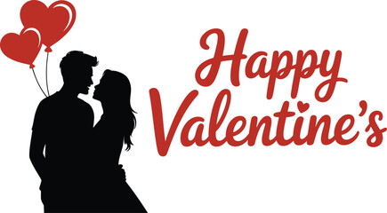 Couple silhouette with heart balloons and happy valentines day text on transparent background .silhouette vector design
