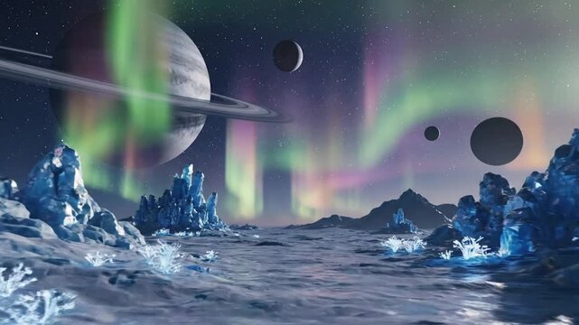 Alien landscape with colorful auroras and planets