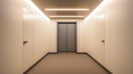 Minimalist Elevator Hallway, Warm Lighting, Modern Design, Symmetry, Architectural Photography, Neutral Palette, Geometric Lines