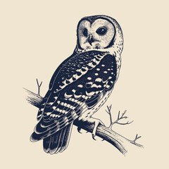 vintage engraved owl perched on branch, detailed natural history bird illustration with feathers and calm nocturnal wildlife mood.