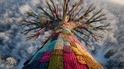 Ascending view of a massive tree trunk completely wrapped in vibrant, colorful, hand-knitted yarn patches against a snowy winter forest backdrop.