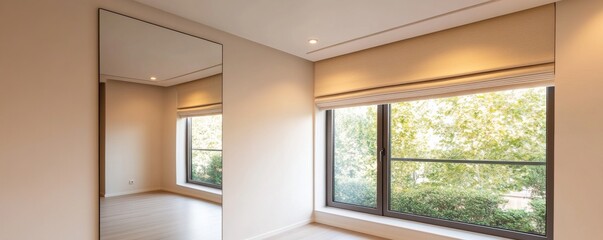 Fototapeta premium Minimalist room with large mirror reflecting windows and lush greenery, modern interior design, natural light, interior photography, home decor, light interior, light reflect