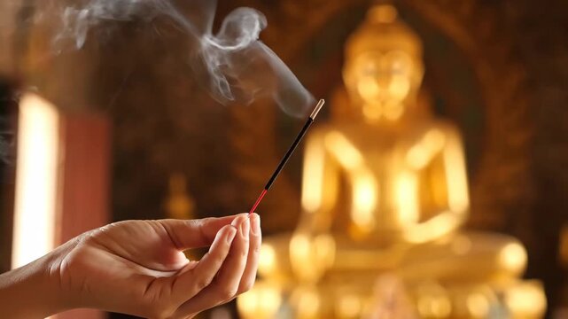 Hand holding burning incense with smoke patterns in a blurred temple interior with Buddha statue