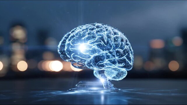 Glowing digital representation of a human brain with a blurred background of city lights