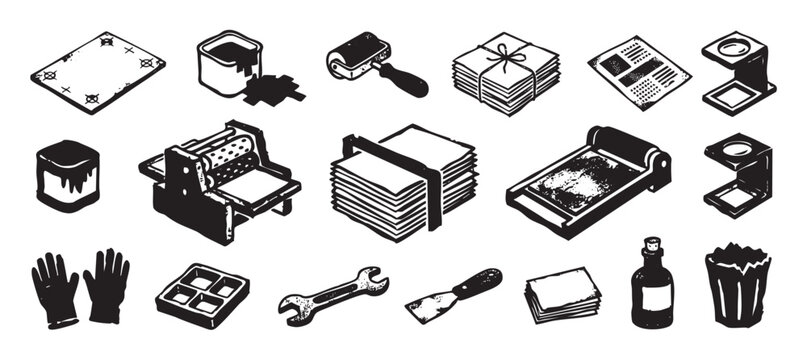 Collection of monochrome printmaking tool icons in a hand-drawn woodcut style, featuring a letterpress, ink, brayer, paper, and other typography equipment in an isometric perspective