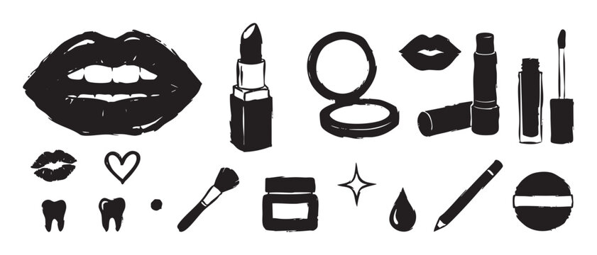 Collection of black hand-drawn makeup icons featuring lipstick, lips, powder, brush, and other beauty elements in a graphic, grunge, and brush stroke artistic style