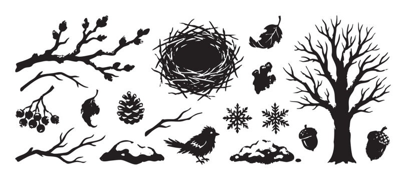 Set of black winter nature silhouettes featuring a bare tree, bird, nest, snowflakes, and branches with a rustic, hand-drawn stamp or linocut print texture