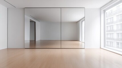 Fototapeta premium Minimalist white room with large mirrored wardrobe, reflecting natural light and hallway. Minimalist Interior, Architecture