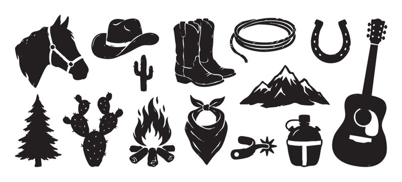 Collection of black hand-drawn western themed icons featuring a cowboy hat, boots, horse, guitar, campfire, and cactus in a rustic vintage silhouette illustration