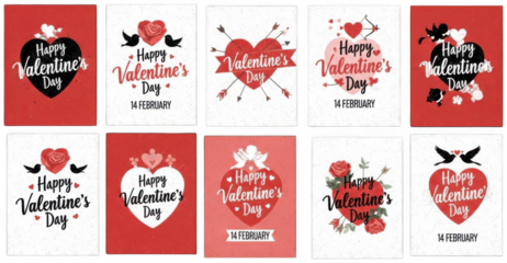 Valentine Set of ten modern valentine day cards with hearts birds and red black white colors