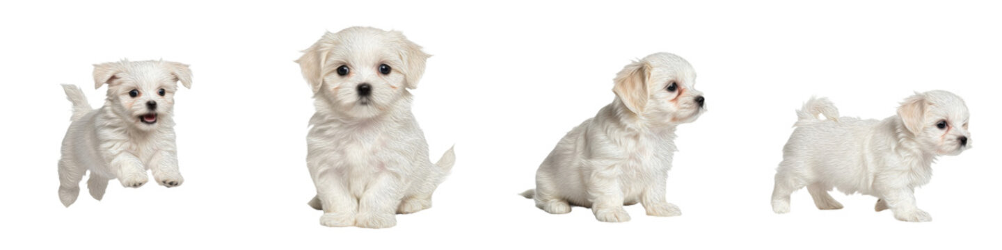 White Maltese Puppy Action Pack, Cute Fluffy Bichon Frise Poses, Sitting Running Jumping Small Breed Dog, Isolated PNG on White Background, Pet Clipart Collection.