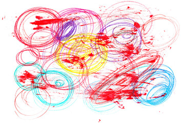 Grunge abstract, artistic scribbling, colorful shapes, isolated on white background and texture, design element, (black felt-tip pen, wooden pencil, chalk, spray, red acrylic), transparency 