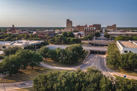 Aerial Drone View of Brown Buildings and Streets in Downtown of Small City in Texas