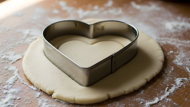 Heart-shaped cookie cutter on rolled out dough baking - Powered by Adobe