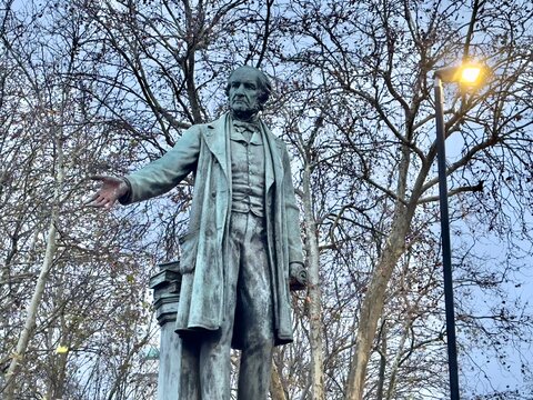 A statue of William Ewart Gladstone, British prime minister four times, by Albert Bruce-Joy. Erected in 1882 in Bow Road, London E3, a gift to East London by Theodore H. Bryant of Bryant and May. 