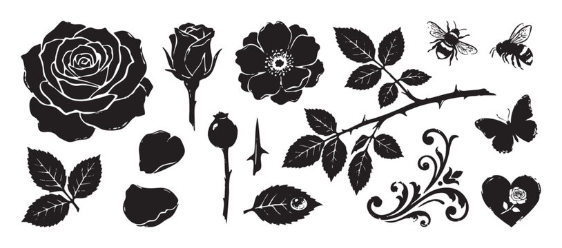 Collection of black rose flower illustrations with leaves, petals, bees, and a butterfly in a vintage linocut stamp style for decorative design elements