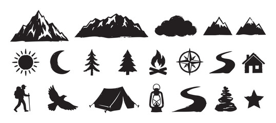 Set of black hand-drawn icons for camping, hiking, and outdoor adventure themes, featuring mountains, trees, a tent, and a campfire in a rustic brush stroke style