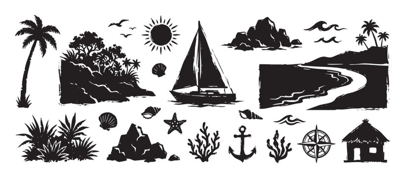 Collection of black tropical beach icons in a distressed woodcut style, including a sailboat, palm tree, anchor, and compass rose for summer vacation and travel themes