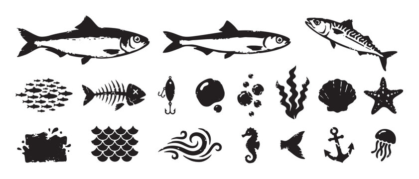 Set of black grunge sea life icons featuring fish, a skeleton, an anchor, and a jellyfish in a distressed, hand-drawn block print style illustration collection for design