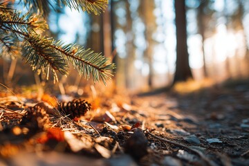 Pine branch with pinecone on forest floor