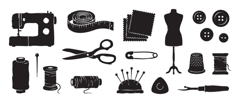 Collection of black sewing and tailoring tool silhouettes including a sewing machine, scissors, thread, and mannequin, rendered in a graphic, hand-drawn woodcut style