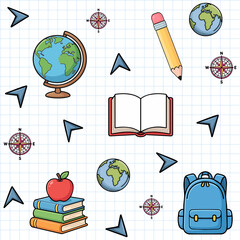 Background with school geography pattern featuring a globe - Seamless texture, transparent background.