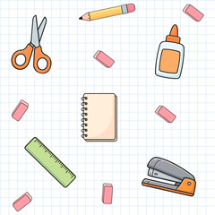 Background with a print of school supplies and materials - Seamless texture, transparent background.