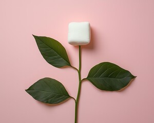Creative conceptual photogaphy that juxtaposes a natral plant stem and leaves ith a white marshmallow inthe place of a flower head