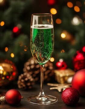 Green cocktail in a champane glass with Christmas deorations