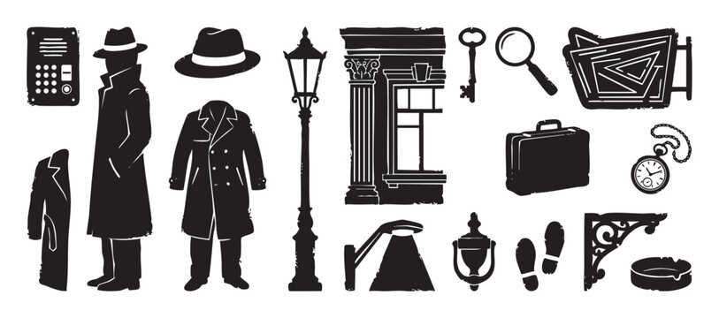 Collection of black detective noir icons featuring a spy, trench coat, fedora, magnifying glass, and other vintage investigation elements in a graphic silhouette style
