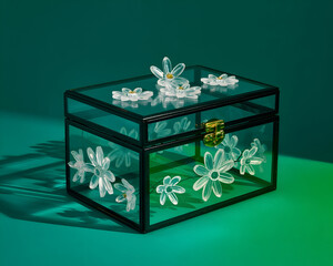 Elegant Black-Framed Glass Jewelry Box with Frosted Floral Accents
