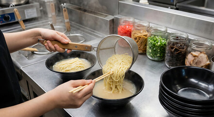 プロの厨房でラーメンの麺を盛り付ける調理風景