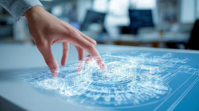 Human hand interacting with futuristic 3d architectural blueprint hologram on digital interface in modern office environment with blurred background technology