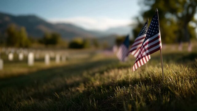 memorial park at sunset, rows of white stone monuments with small flags, golden light symbolizing peace and remembrance, tranquil atmosphere honoring falle 4K