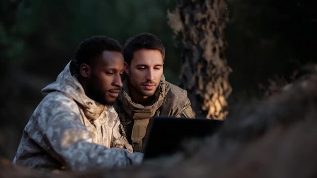 military technology training, two professionals in tactical gear analyzing data on a laptop in outdoor environment, sunlight filtering through camouflage net, teamwork and precisio 4K