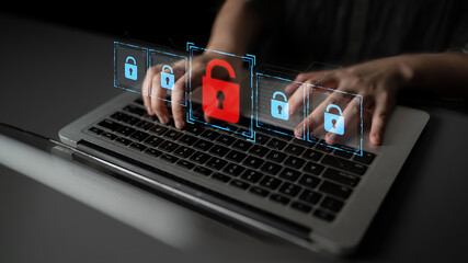 Digital security concept illustrating a cybersecurity breach, with a red unlocked padlock indicating data exposure among secure systems, emphasizing system vulnerability and risk Latch